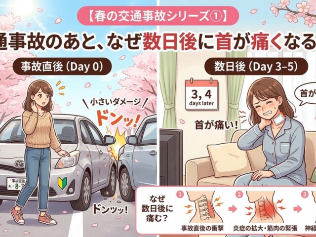 【春の交通事故シリーズ①】事故直後は痛くないのに、数日後に首が痛くなる理由