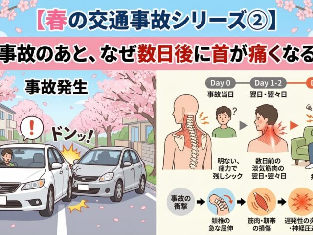 【春の交通事故シリーズ②】交通事故のあと、なぜ数日後に首が痛くなるのか